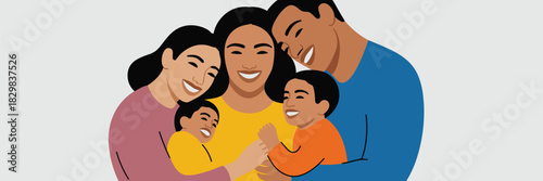 Joyful diverse family portrait showing two smiling parents hugging their happy young children, an affectionate multi-racial relationship embracing togetherness, illustrated in a colorful flat vector s