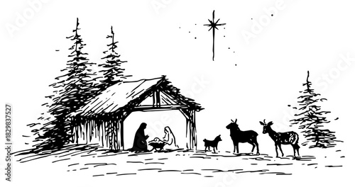 Hand-drawn vector sketch of the christmas nativity scene with the holy family in a stable with animals and the star of bethlehem