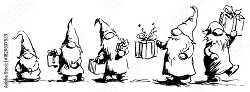 Hand-drawn vector sketch of a row of five cute christmas gnomes or elves wearing tall hats and carrying gift boxes