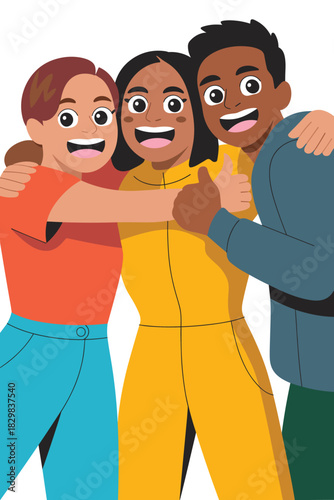 Cheerful, diverse group of happy young adult friends embracing, smiling, and giving a thumbs up, symbolizing successful teamwork, recommendation, friendship, and positive connection in a modern, brigh