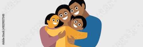 Joyful Black African American diverse family embracing warmly in a tight, loving hug; parents and two smiling happy children demonstrating strong parental bond, perfect for modern parenting, community