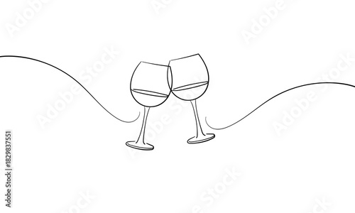 Continuous line champagne cheers one line art, continuous drawing contour. Hands toasting with wine glasses with drinks. Cheers toast festive decoration for holidays. Vector illustration	