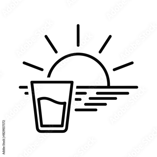 Line art icon of a glass of water with a rising sun over the sea, symbolizing freshness and a new day.