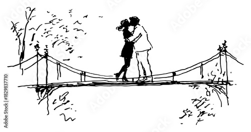 Hand drawn vector sketch of a romantic couple kissing and hugging standing on a suspension bridge