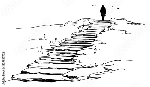 Hand drawn vector sketch of a lonely person walking up the stairs towards the future