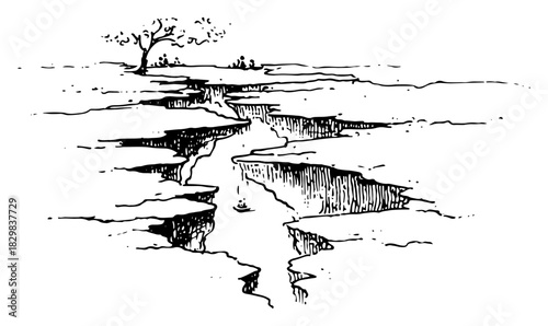 Hand drawn sketch of a deep crack in the ground depicting earthquake fissure or dry earth drought vector illustration