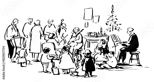 Hand-drawn vector sketch of a cozy Christmas home concert with family singing carols and musicians playing instruments near a tree
