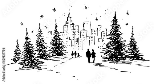 Hand drawn sketch of a couple walking in a snowy park with pine trees and a city skyline in the background vector illustration of urban winter landscape