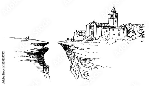 Hand-drawn vector sketch of a dramatic cliff landscape with a deep gap separating people from a distant village with a church tower on the edge