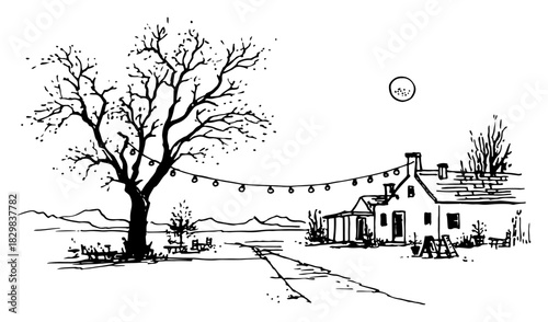 Hand-drawn vector sketch of a peaceful night landscape featuring a house and a large tree connected by festive string lights under a full moon