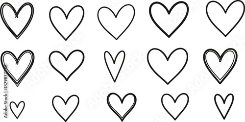 Set of hand-drawn vector doodle heart shapes with rough, black outline strokes.