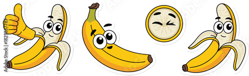 Cute cartoon banana sticker collection featuring happy fruit characters doing a thumbs up and winking, peeled and whole, vector illustration set for messaging, social media, food apps, kids marketing,