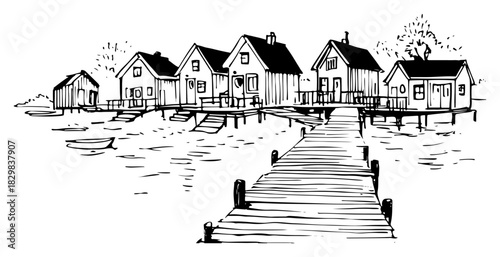 Coastal fishing village houses along wooden pier boardwalk hand drawn vector illustration