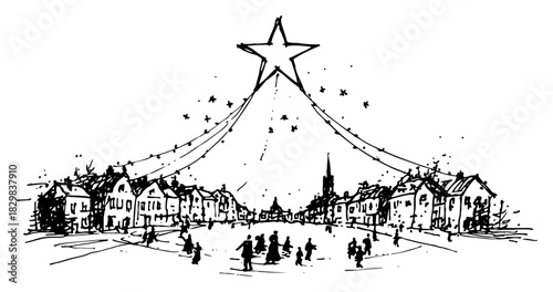 Town square with Christmas star lights festive village scene hand drawn vector illustration