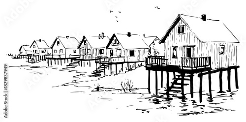 Row of stilt houses over shoreline water seaside fishing village vector illustration