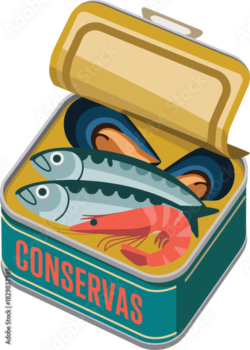 Isometric vector illustration of an open conservas tin filled with preserved seafood, showing two silver mackerel, a red prawn, and mussels, perfect for packaging design, advertising, or restaurant me