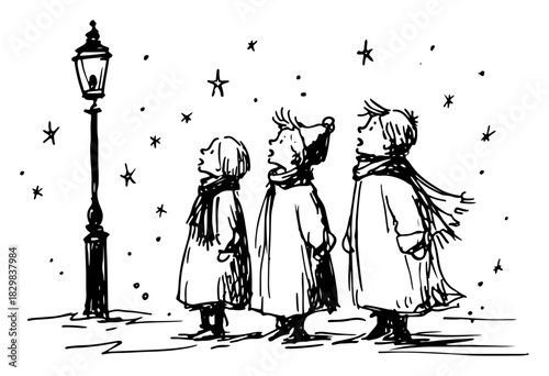 Hand drawn vector sketch of three children singing christmas carols under a street lamp while it snows