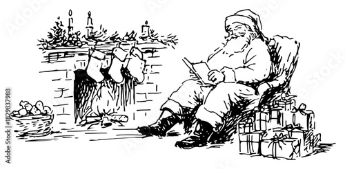 Hand drawn vector sketch of santa claus sitting by a fireplace reading a letter near a pile of gifts