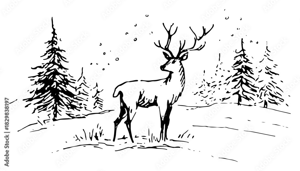 Obraz premium Majestic stag standing in snowy pine forest winter wildlife vector illustration