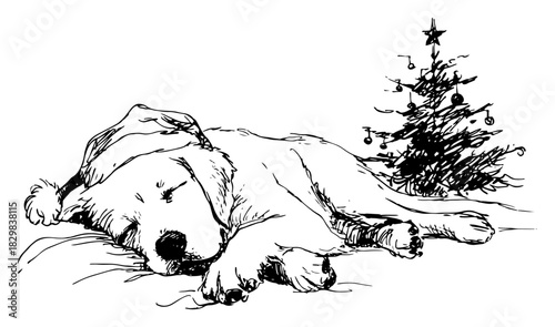 Sleeping dog beside Christmas tree – peaceful black line art vector illustration