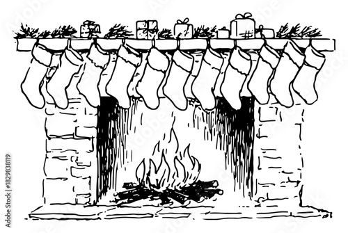 Hand-drawn vector sketch of a cozy fireplace with a roaring fire and hanging christmas stockings filled with gifts on the mantelpiece