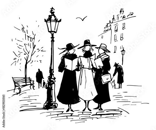 Vintage women singing Christmas carols under street lamp – elegant black line art vector illustration