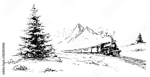 Steam train passing pine tree with mountain landscape – classic black line art vector illustration