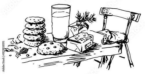 Christmas cookies and milk on rustic chair holiday treat vector illustration