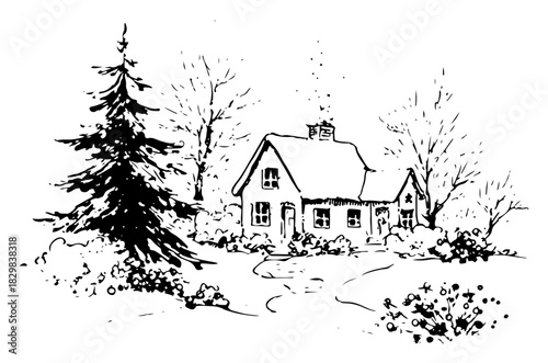 Hand drawn sketch of a cozy winter cottage house covered in snow with a smoking chimney vector illustration of rural landscape