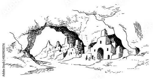 Ancient Cliff Dwellings Inside Rock Cave – Hand-Drawn Black & White Vector Illustration