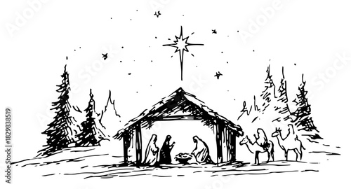 Nativity scene under Bethlehem star with stable and approaching wise men – minimalist black line art vector illustration