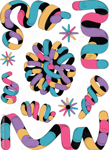 Vibrant psychedelic abstract coiled ribbon shapes forming dynamic wavy patterns and complex graphic elements, ideal for modern colorful digital backgrounds, creative marketing presentations, innovativ
