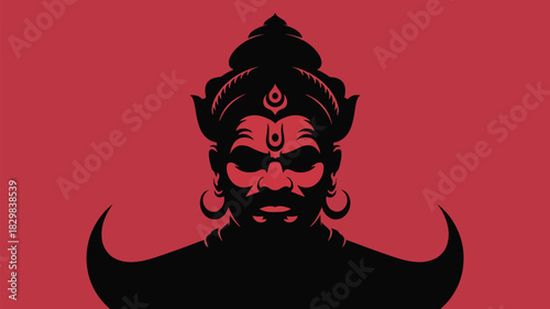Powerful Ravana silhouette against a bold red backdrop, perfect for cultural projects and dramatic designs with a mythical figure illustration