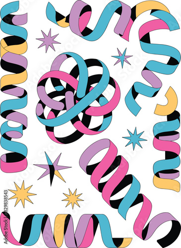 A collection of vibrant abstract graphic party elements featuring swirling curled streamers, complex geometric ribbon knots, and various colorful stars, ideal for fun festive celebration design templa