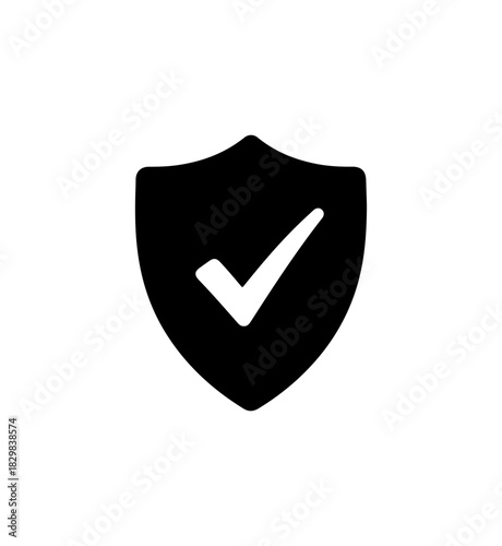 Shield with checkmark icon assures protection, security, and verification processes online