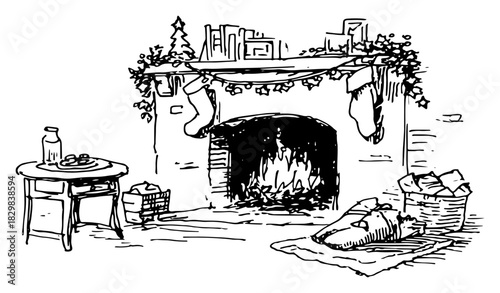Hand Drawn Cozy Fireplace with Stockings and Christmas Decorations — Black and White Vector Illustration