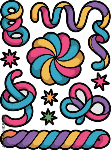 A collection of vibrant, colorful abstract twisted rope and ribbon design elements featuring intricate knots, swirling spirals, braided strands, and wavy patterns, perfect for modern graphic design pr