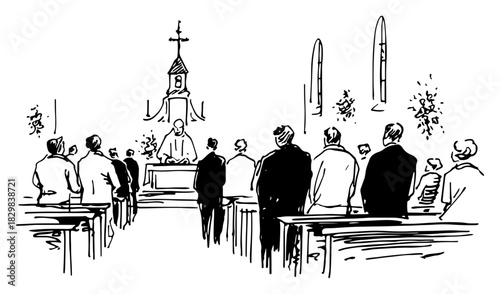 Hand Drawn Church Interior with Congregation during Worship Service — Black and White Vector Illustration