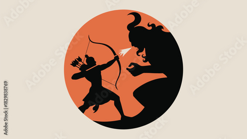 Epic battle scene of good versus evil, featuring archer silhouette against a monstrous foe in striking contrast, perfect for storytelling and design
