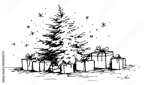Hand Drawn Christmas Tree with Wrapped Gifts and Snowflakes — Black and White Vector Illustration