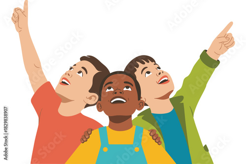 Multicultural happy kids pointing high and looking up in optimistic awe, symbolizing teamwork, educational goals, bright future aspirations, and joyful discovery, a colorful diverse flat vector illust