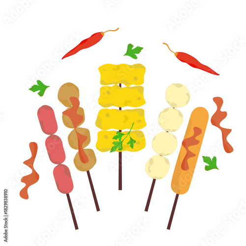 Fried Meatballs Cartoon, Fried Luk Chin, Thai Street Food, Colorful Vector Illustration