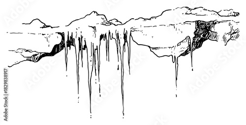 Hand Drawn Dripping Icicles and Snow Ledge — Black and White Vector Illustration