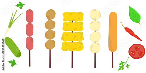 Fried Meatballs Cartoon, Fried Luk Chin, Thai Street Food, Colorful Vector Illustration