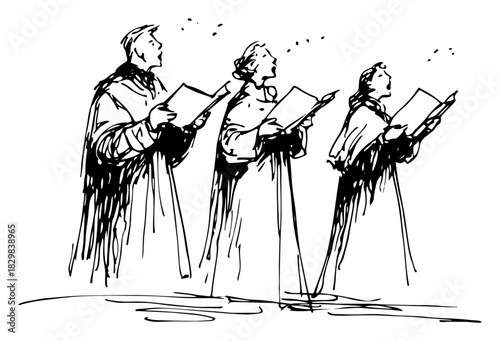 Choir Singers In Robes Holding Hymn Books Performing Christmas Carols Hand Drawn Vintage Line Art Vector Illustration