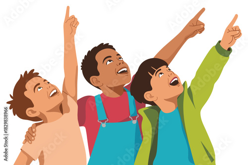 Three excited multi-ethnic young boys looking up with wide-eyed wonder and simultaneously pointing their fingers high at the sky, signifying discovery and optimistic hope on a clean white background,