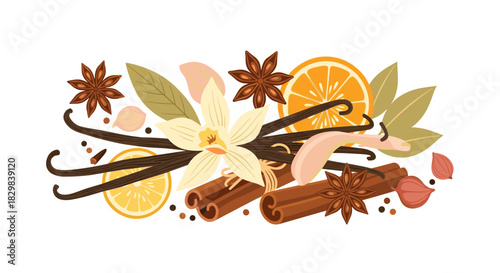 A beautiful arrangement of aromatic baking spices including vanilla beans cinnamon sticks star anise and orange slices.
