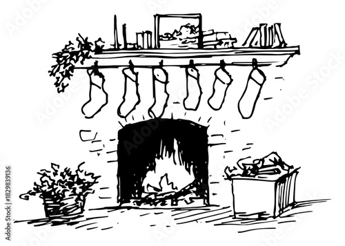 Hand Drawn Fireplace Mantel with Hanging Stockings and Books — Black and White Vector Illustration