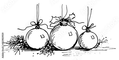 Christmas Bauble Ornaments With Pine Branches Hand Drawn Vintage Line Art Vector Illustration