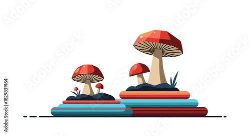A stylized flat vector illustration of red-capped mushrooms growing on colorful striped platforms against a white background.
